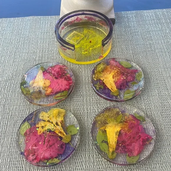 Handmade Pressed Flower Coaster Set and Holder Round Vibrant - Picture 10 of 16